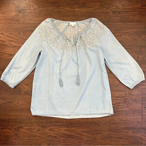J. Jill Chambray Peasant Top Denim Embroidered Womens XS